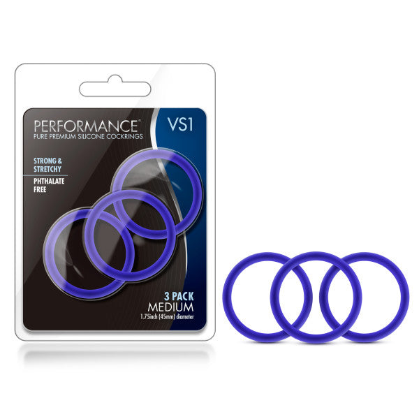 Performance VS1 Pure Premium Silicone Cockrings - Indigo Blue Medium Cock Rings - Set of 3 - Just for you desires