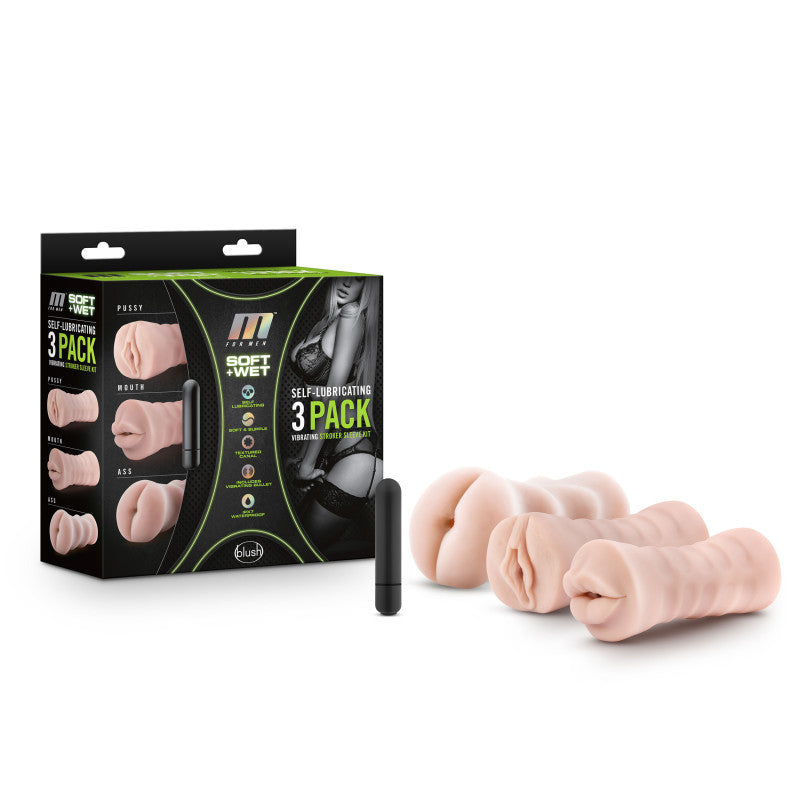 M For Men 3-Pack Self-Lubricating Vibrating Strokers - Flesh Vibrating Strokers - 3 Pack - Just for you desires