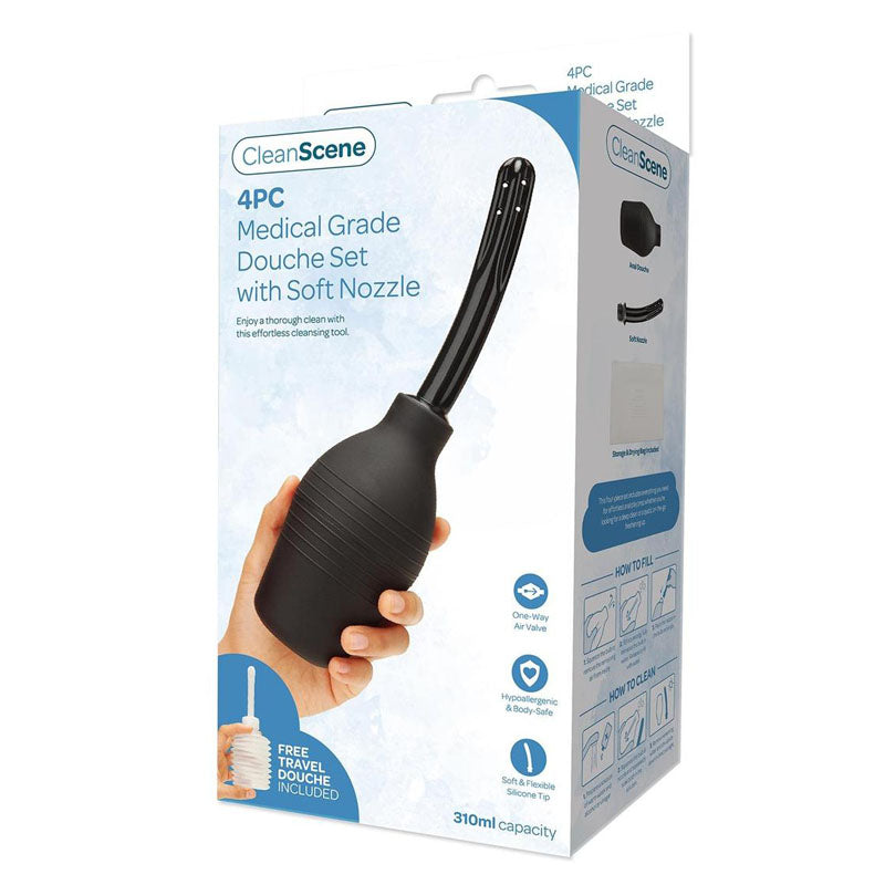 CleanScene 4 Piece Medical Grade Douche Set with Soft Nozzle - 310 ml Capacity with Free Travel Douche Included - Just for you desires