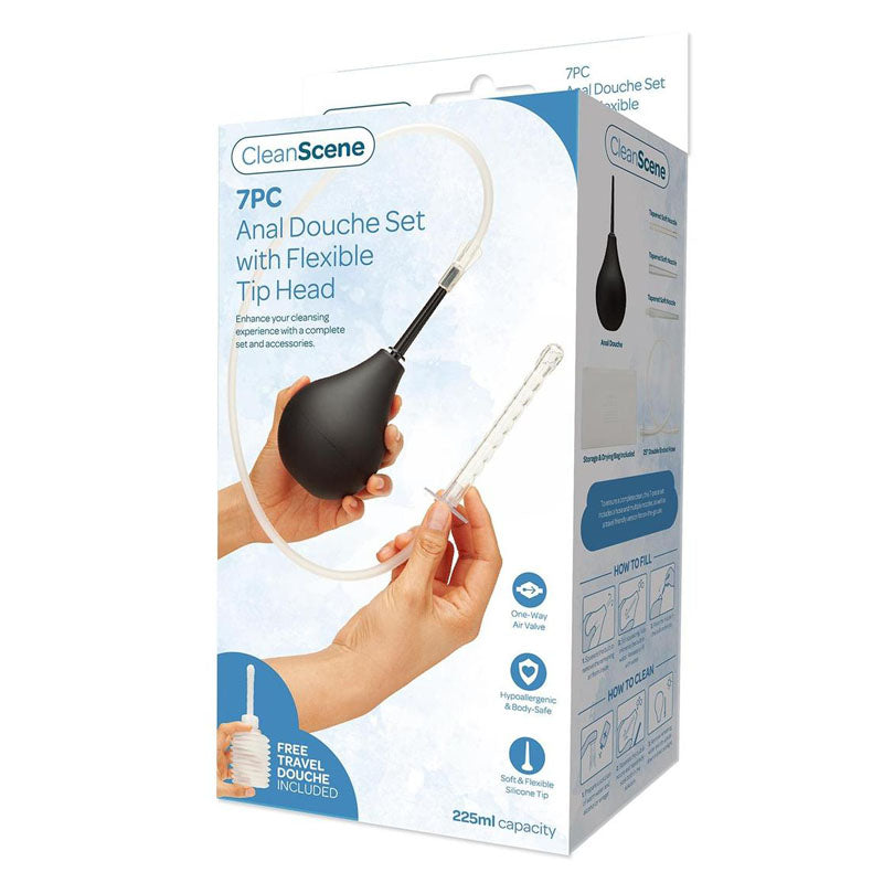 CleanScene 7 Piece Anal Douche Set with Flexible Tip Head - 225 ml Capacity with Free Travel Douche Included - Just for you desires