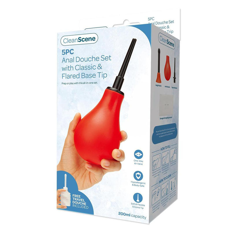 CleanScene 5 Piece Anal Douche Set with Classic & Flared Tips - 200 ml Capacity with Free Travel Douche Included - Just for you desires