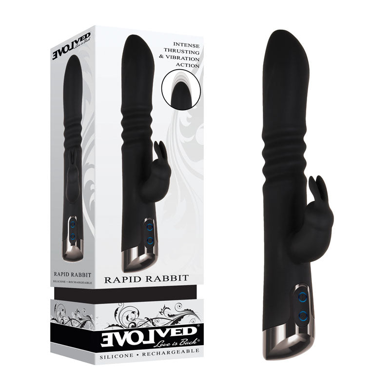 Evolved Rapid Rabbit - Black 25.4 cm USB Rechargeable Thrusting Rabbit Vibrator - Just for you desires