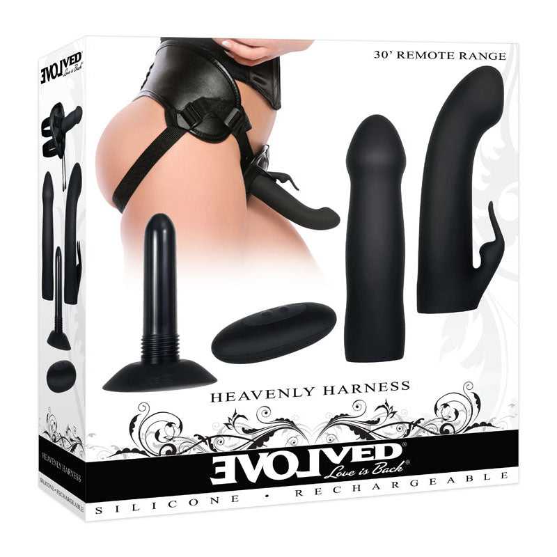 Evolved HEAVENLY HARNESS - Black USB Rechargeable Strap-On Kit - Just for you desires