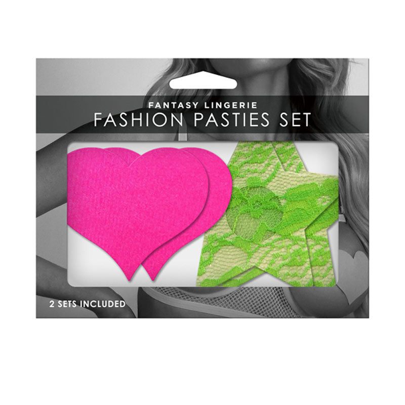 GLOW Fashion Pasties Set - Neon Green & Solid Pink - 2 Sets Included - Just for you desires