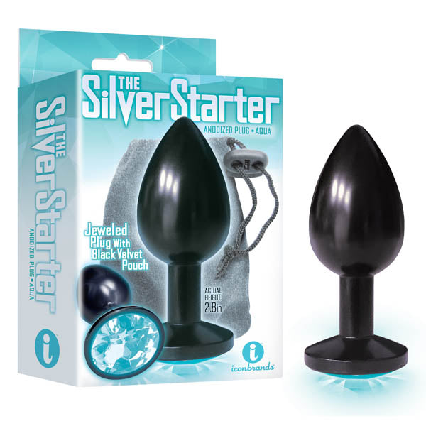 The Silver Starter - Anodised Black 7.1 cm (2.8'') Butt Plug with Aqua Round Jewel - Just for you desires
