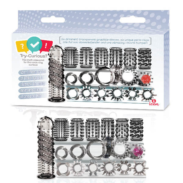 Try-Curious Cock Ring & Sleeve Set - Clear - 15 Piece Set - Just for you desires