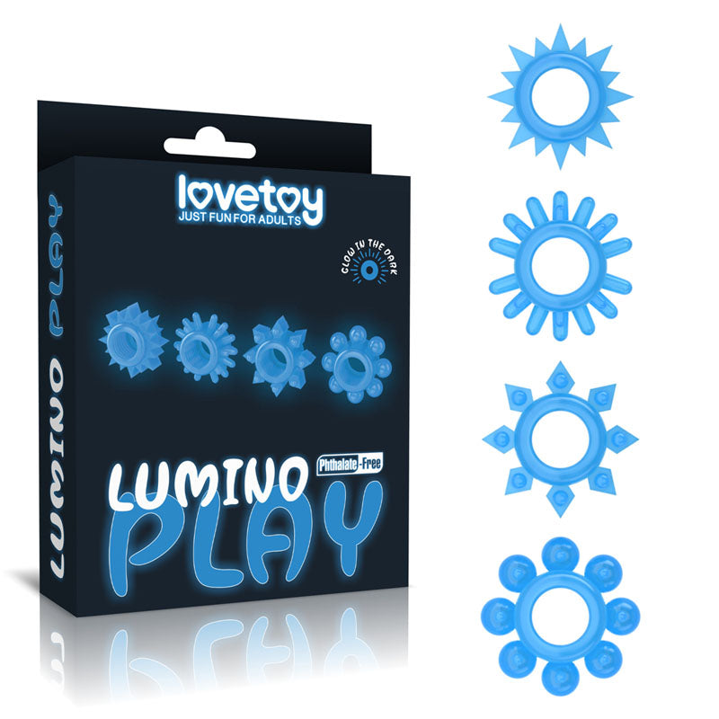 Lumino Play Penis Rings 4 Pack - Glow in the Dark Blue Cock Rings - Set of 4 - Just for you desires