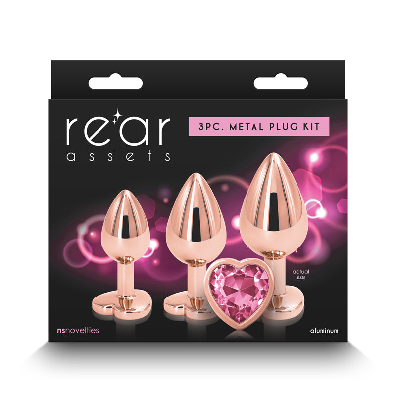 Rear Assets Trainer Kit - Rose Gold - Pink Heart - Rose Gold Metallic Butt Plugs with Pink Hearts - Set of 3 Sizes - Just for you desires