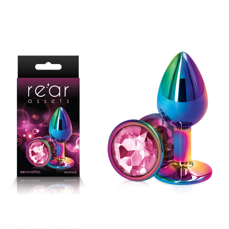 Rear Assets Multi Coloured Small - Multi Coloured Small Metal Butt Plug with Pink Gem Base - Just for you desires
