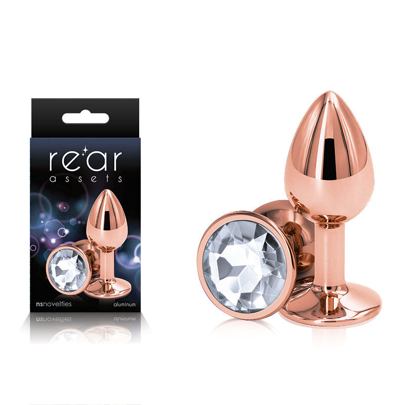 Rear Assets Rose Gold Small - Rose Gold Small Metal Butt Plug with Clear Gem Base - Just for you desires