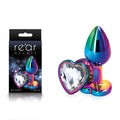 Rear Assets Multi Coloured Heart - Multi Coloured Small Metal Butt Plug with Clear Heart Gem Base - Just for you desires