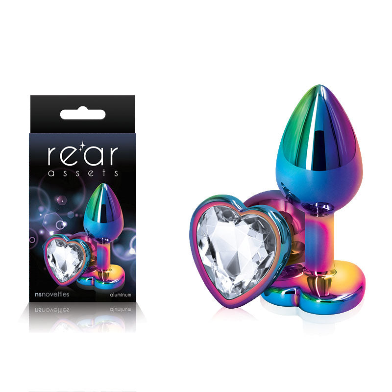 Rear Assets Multi Coloured Heart - Multi Coloured Small Metal Butt Plug with Clear Heart Gem Base - Just for you desires