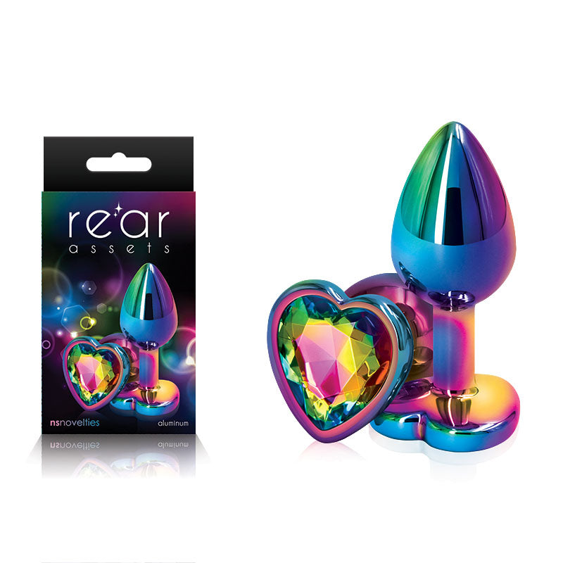 Rear Assets Multi Coloured Heart - Multi Coloured Small Metal Butt Plug with Rainbow Heart Gem Base - Just for you desires