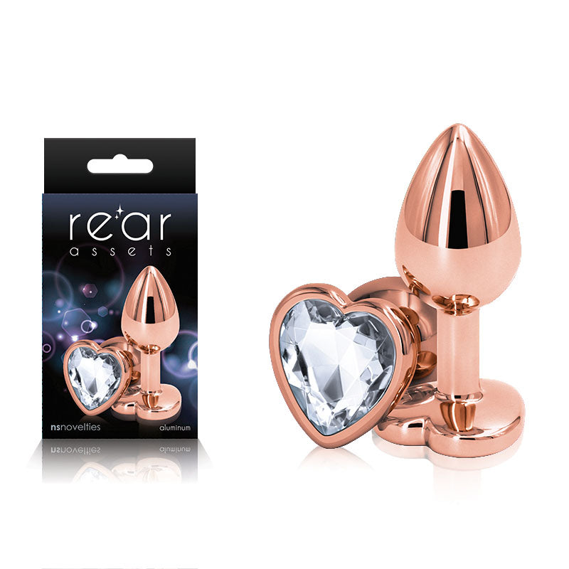 Rear Assets Rose Gold Heart Small - Rose Gold Small Metal Butt Plug with Clear Heart Gem Base - Just for you desires