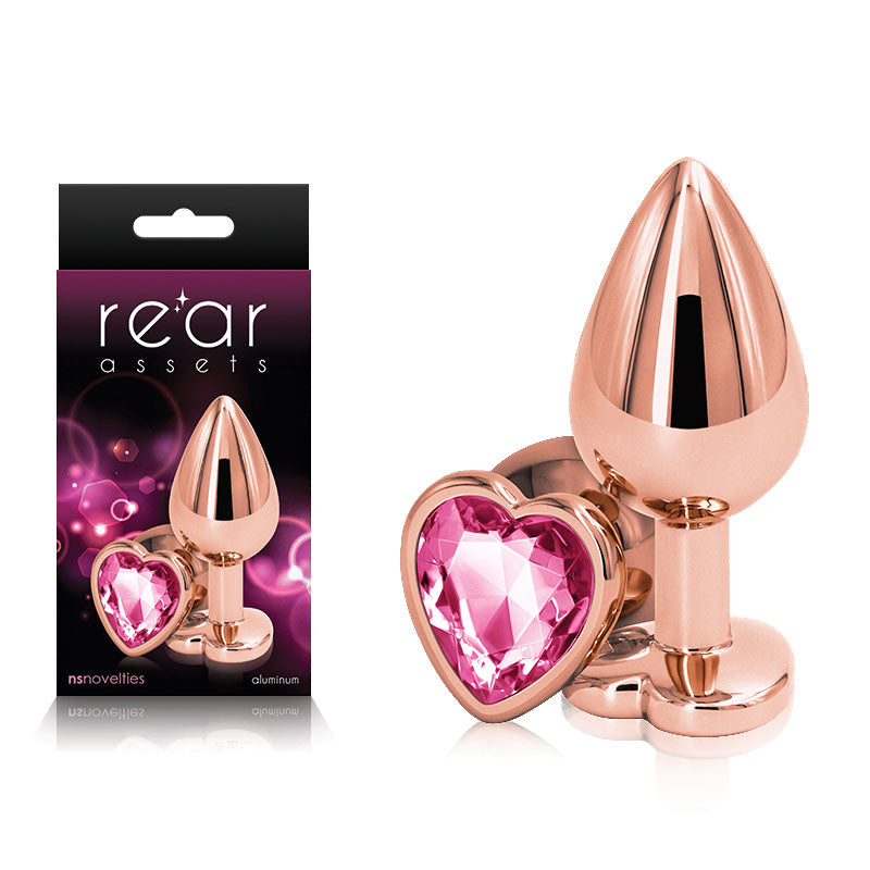 Rear Assets Rose Gold Heart Medium - Rose Gold Medium Metal Butt Plug with Pink Heart Gem Base - Just for you desires