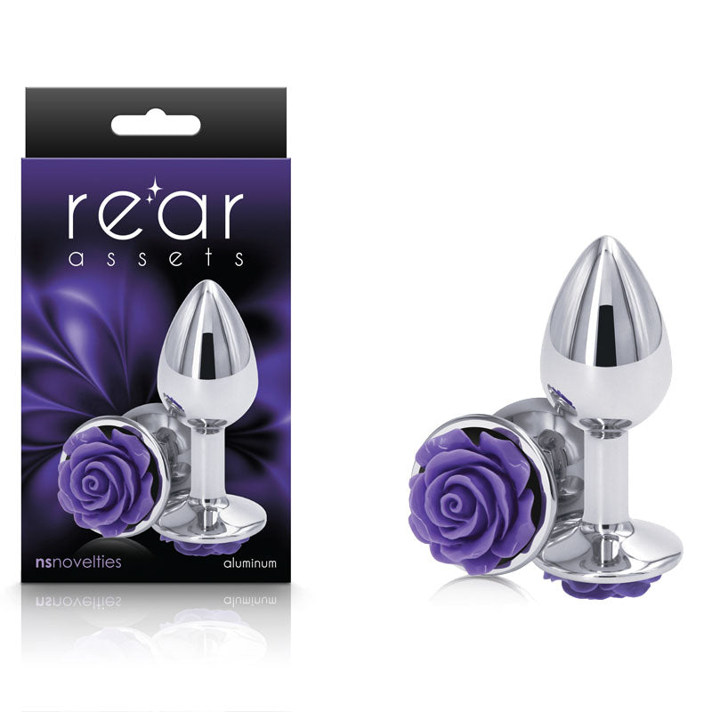 Rear Assets Rose - Small - Chrome 7.6 cm Metal Butt Plug with Purple Rose Base - Just for you desires