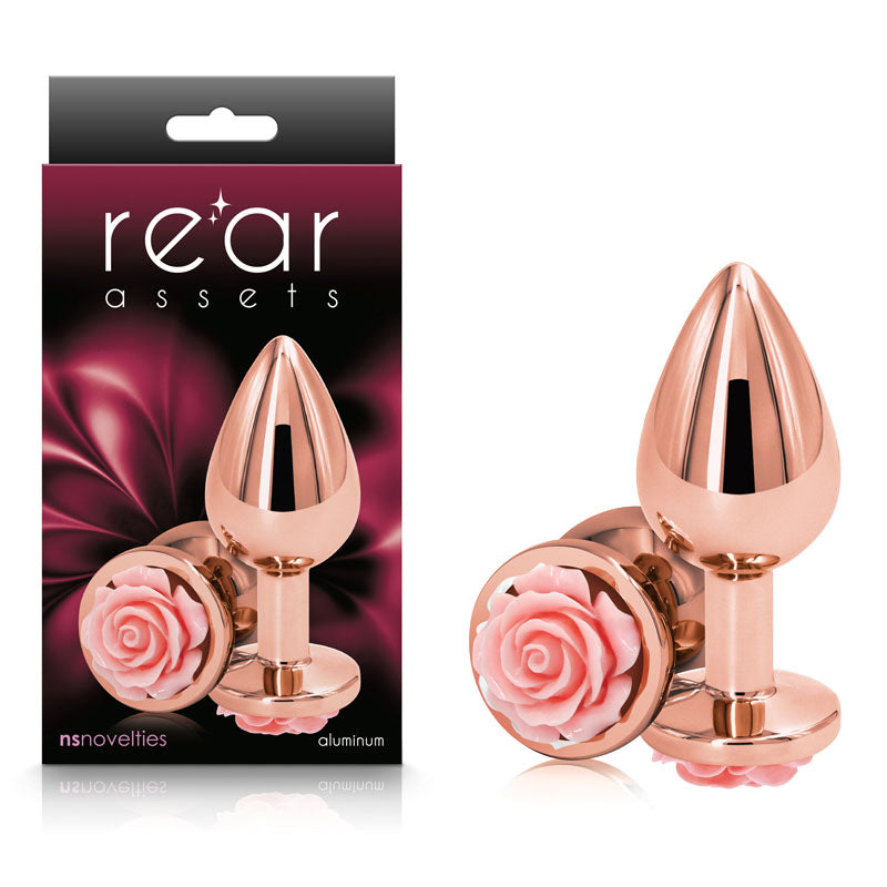 Rear Assets Rose - Medium - Rose Gold 8.9 cm Metal Butt Plug with Pink Rose Base - Just for you desires