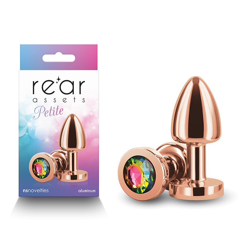 Rear Assets Petite - Rose Gold with Rainbow Gem - Rose Gold 6 cm Metal Butt Plug with Rainbow Round Gem Base - Just for you desires