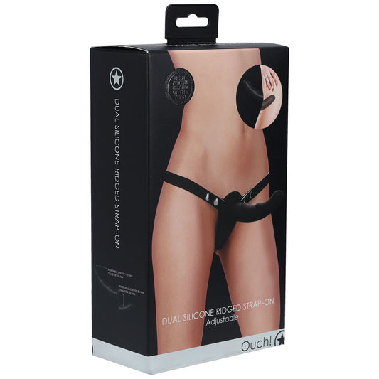 OUCH! Dual Silicone Ridged Strap-On - Black - Just for you desires