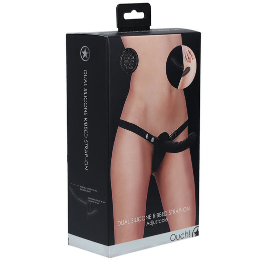 OUCH! Dual Silicone Ribbed Strap-On - Black - Just for you desires