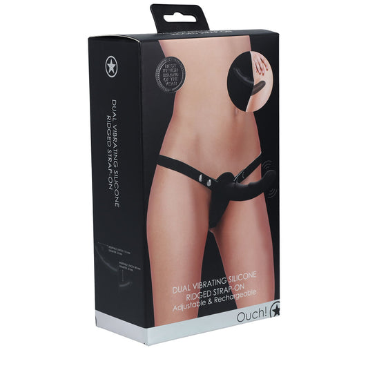 OUCH! Dual Vibrating Silicone Ridged Strap-On - Black - Just for you desires