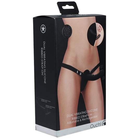OUCH! Dual Vibrating Silicone Ribbed Strap-On - Black - Just for you desires