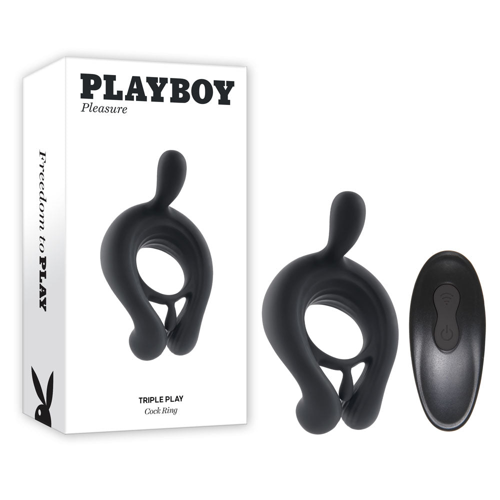 Playboy Pleasure TRIPLE PLAY - Black USB Rechargeable Cock Ring with Wireless Remote - Just for you desires
