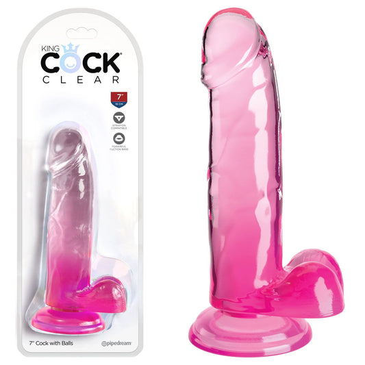 King Cock Clear 7'' Cock with Balls - Pink - Just for you desires