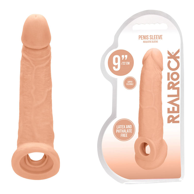 REALROCK 9'' Realistic Penis Extender with Rings - Flesh 22.9 cm Penis Extension Sleeve - Just for you desires