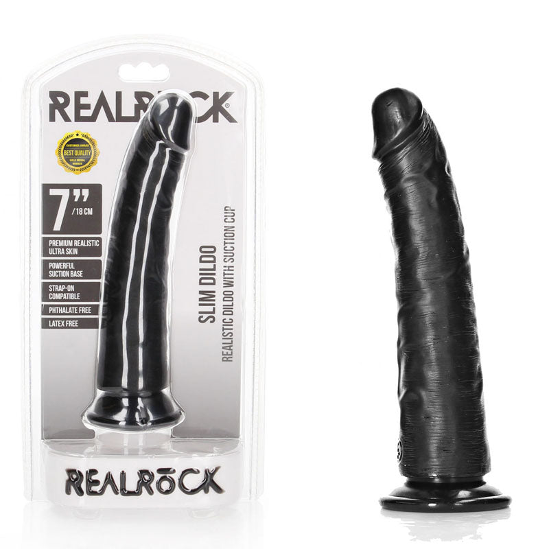 REALROCK Realistic Slim Dildo with Suction Cup - 18cm - Black 18 cm (7'') Dong - Just for you desires