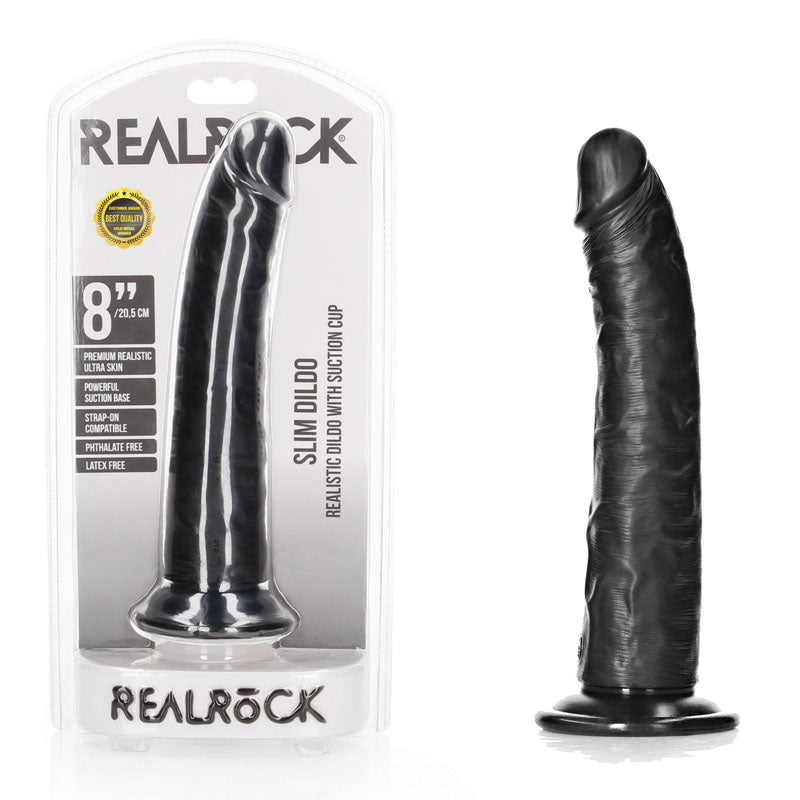 REALROCK Realistic Slim Dildo with Suction Cup - 20.5cm - Black 20.5 cm (8'') Dong - Just for you desires