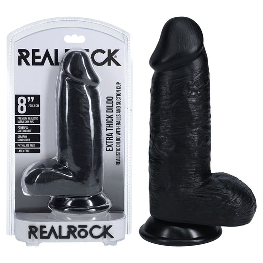 REALROCK 20cm Extra Thick Dildo with Balls - Black - Just for you desires