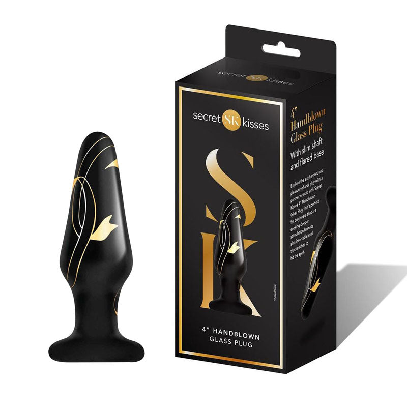 Secret Kisses 4'' Handblow Glass Plug - Black 10.2 cm Glass Butt Plug - Just for you desires