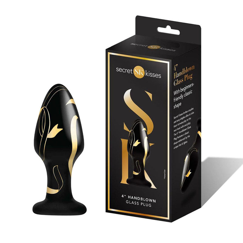 Secret Kisses 4'' Handblown Wide Glass Plug - Black 10.2 cm Glass Butt Plug - Just for you desires
