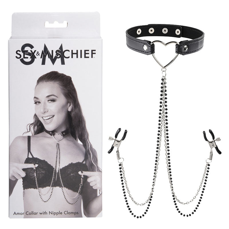 Sex & Mischief Amor Collar with Nipple Clamps - Metal Restraints - Just for you desires