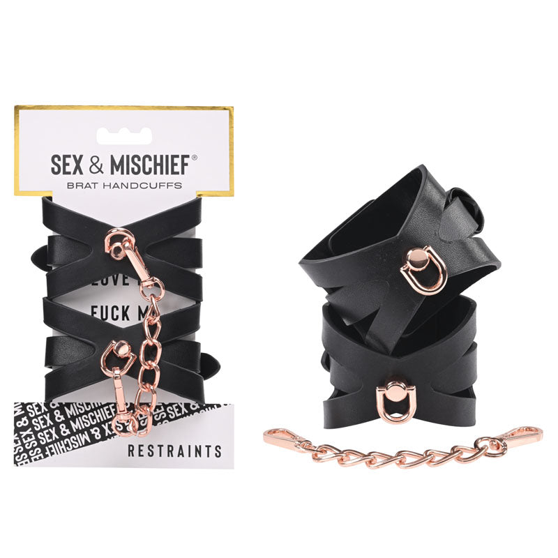 Sex & Mischief Brat Handcuffs - Black/Rose Gold Restraints - Just for you desires