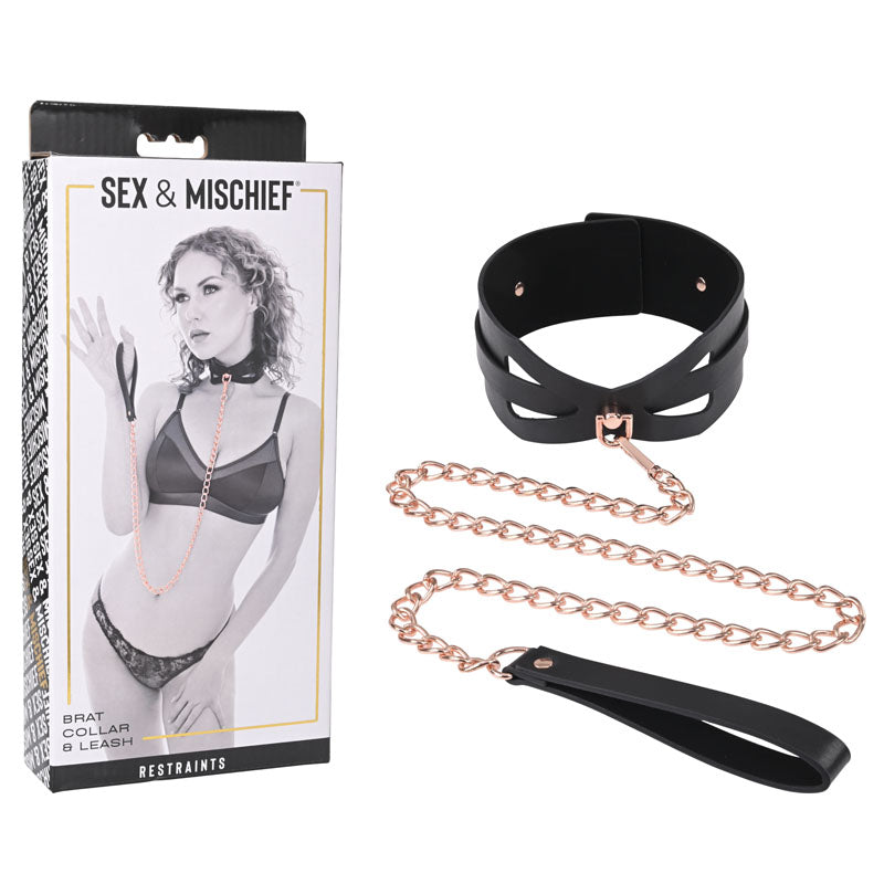 Sex & Mischief Brat Collar & Leash - Rose Gold/Black Restraint - Just for you desires