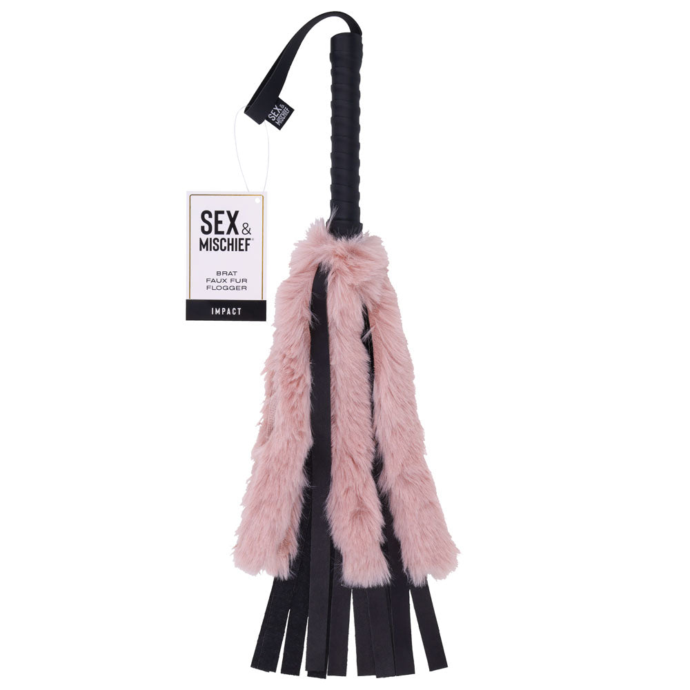 Sex & Mischief Brat Faux Fur Flogger - Black 50 cm Whip with Pink Faux Feather - Just for you desires