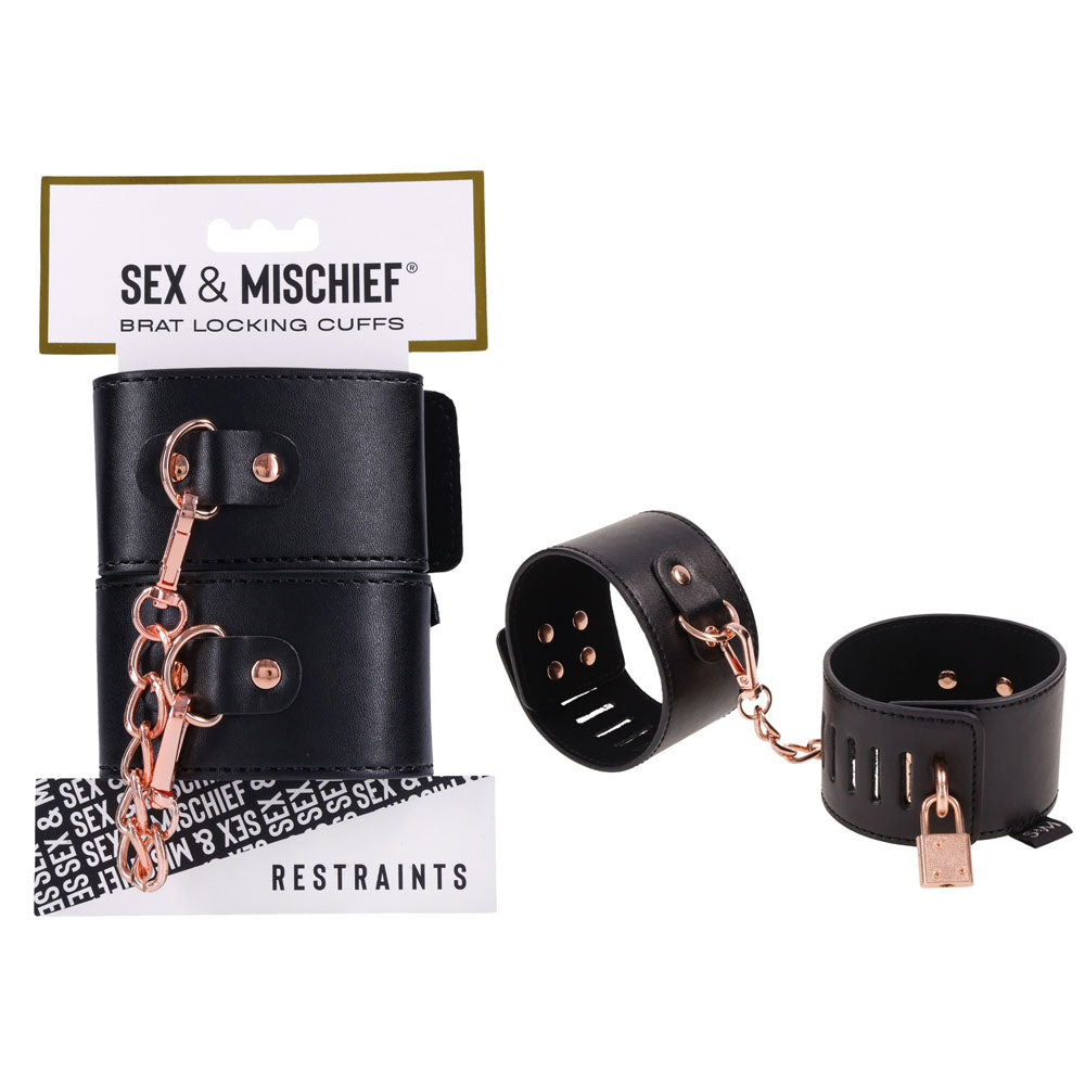 Sex & Mischief Brat Locking Cuffs - Black/Rose Gold Hand Cuffs - Just for you desires