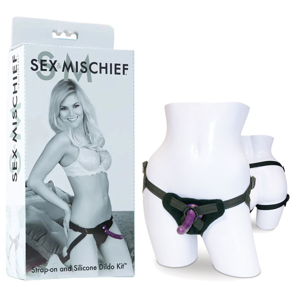 Sex & Mischief Strap-On & Silicone Dildo Kit - Black/Purple Adjustable Strap-On - Just for you desires