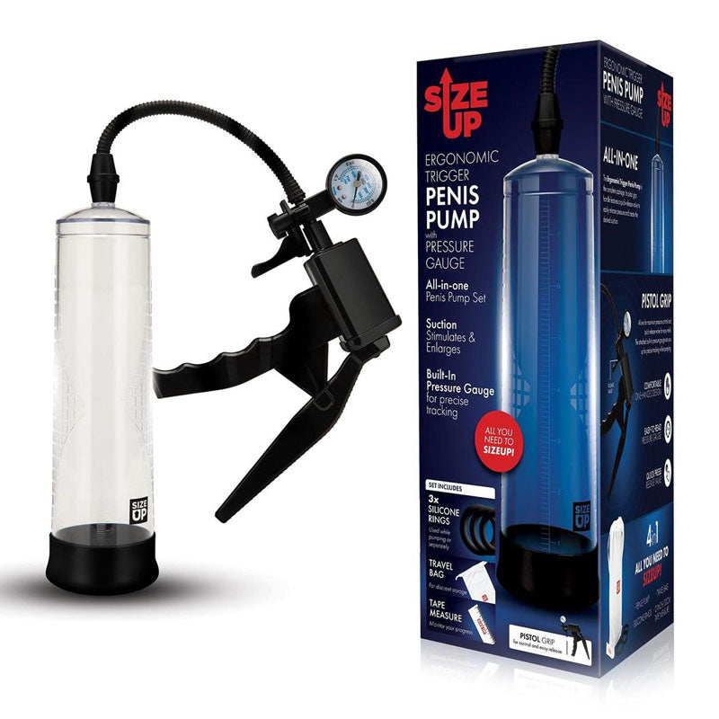 Size Up Ergonomic Trigger Penis Pump with Pressure Gauge - Clear Penis Pump - Just for you desires