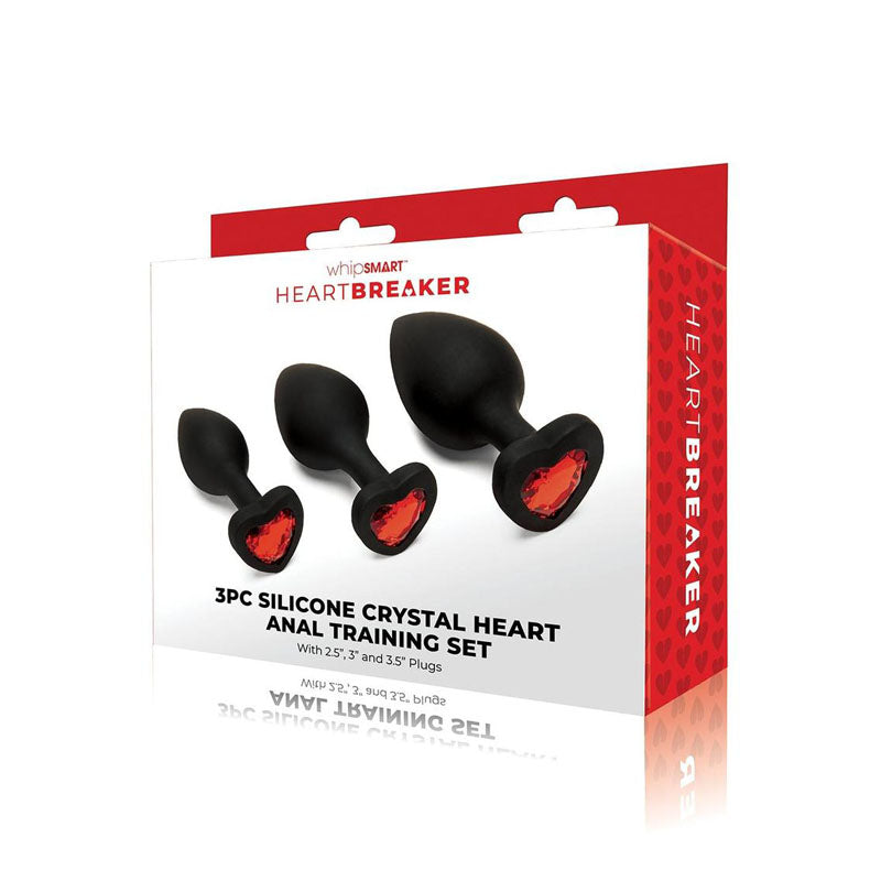 WhipSmart Heartbreaker 3PC Silicone Crystal Heart Anal Training Set - Black Butt Plugs with Heart Gem Bases - Set of 3 Sizes - Just for you desires